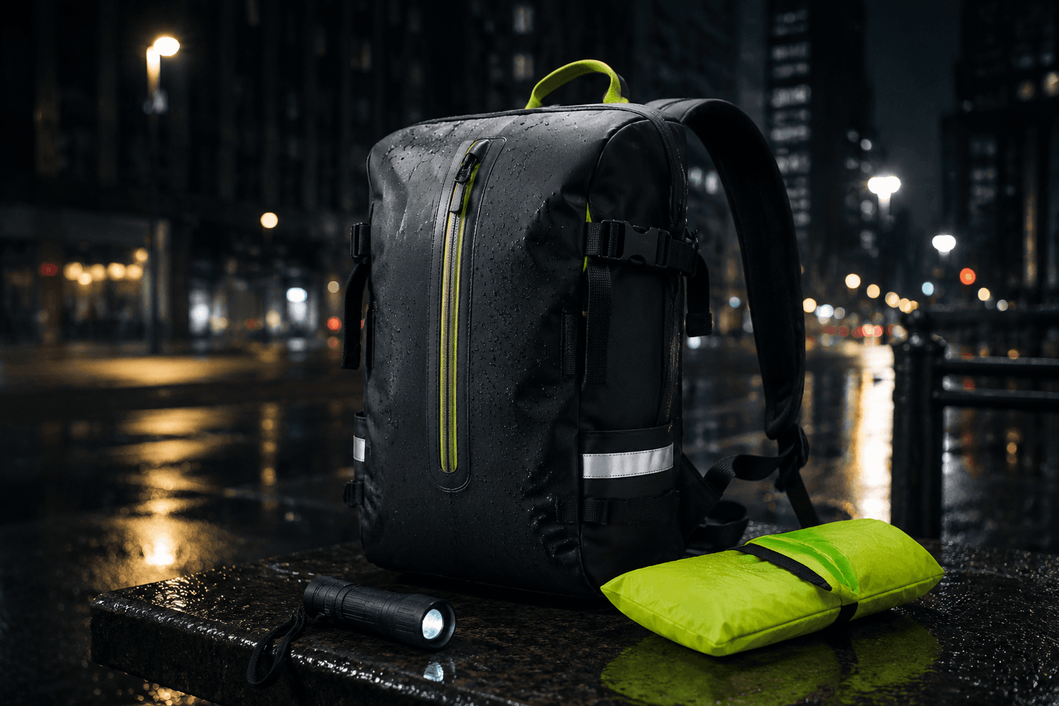 Boldout waterproof pack and urban outdoor kit on a night street